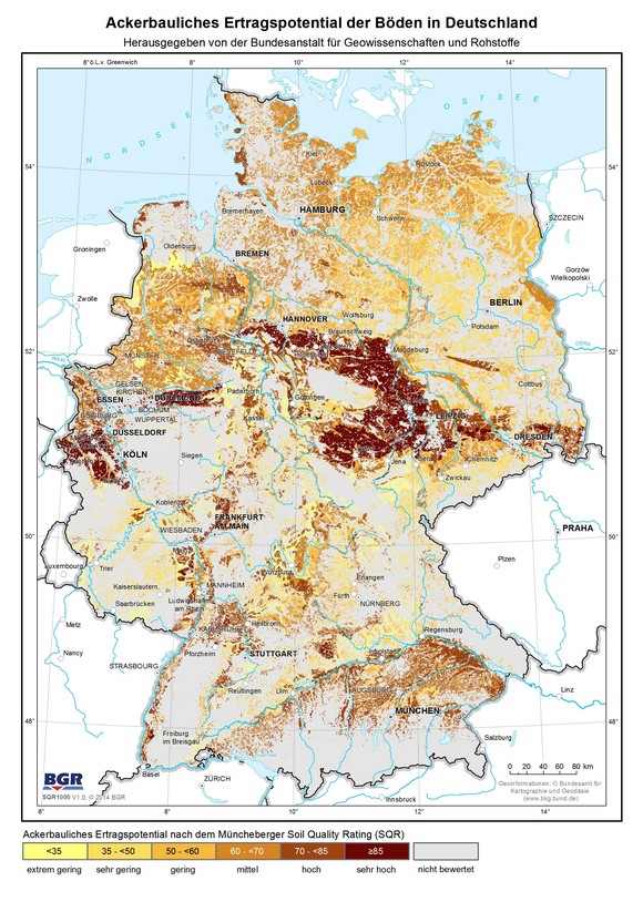 draft map of the agricultural yield potential of german soils according to the mncheberger soil quality rating 0 100 points
