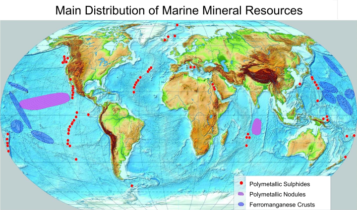 Locations of important marine mineral deposits. Red dots: sulphide deposits. Pink areas: manganese nodule deposits. Yellow crosses: phosphorite deposits. Blue areas: manganese crust deposits