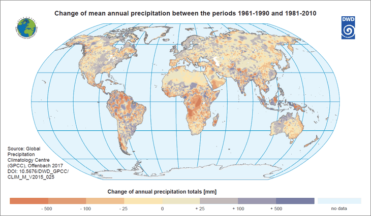 Change of mean annual precipitation between the periods 1961-1990 and 1981-2010