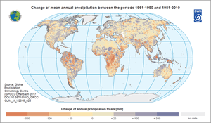 Change of mean annual precipitation between the periods 1961-1990 and 1981-2010