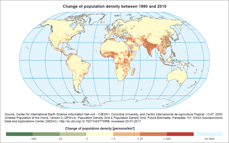Change of population density between 1990 and 2010