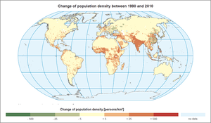 Change of population density between 1990 and 2010